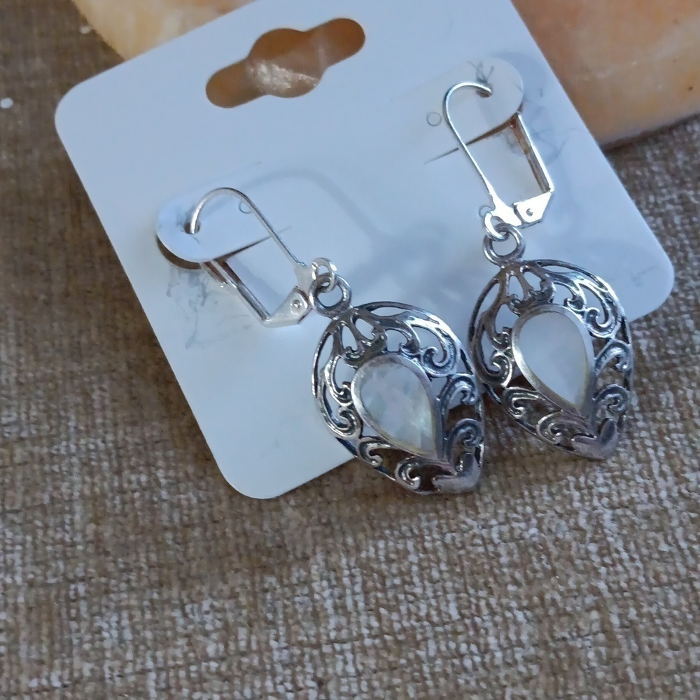 Mother of Pearl Sterling Silver Tear Drop Lever Back Earrings - Picture 9 of 9